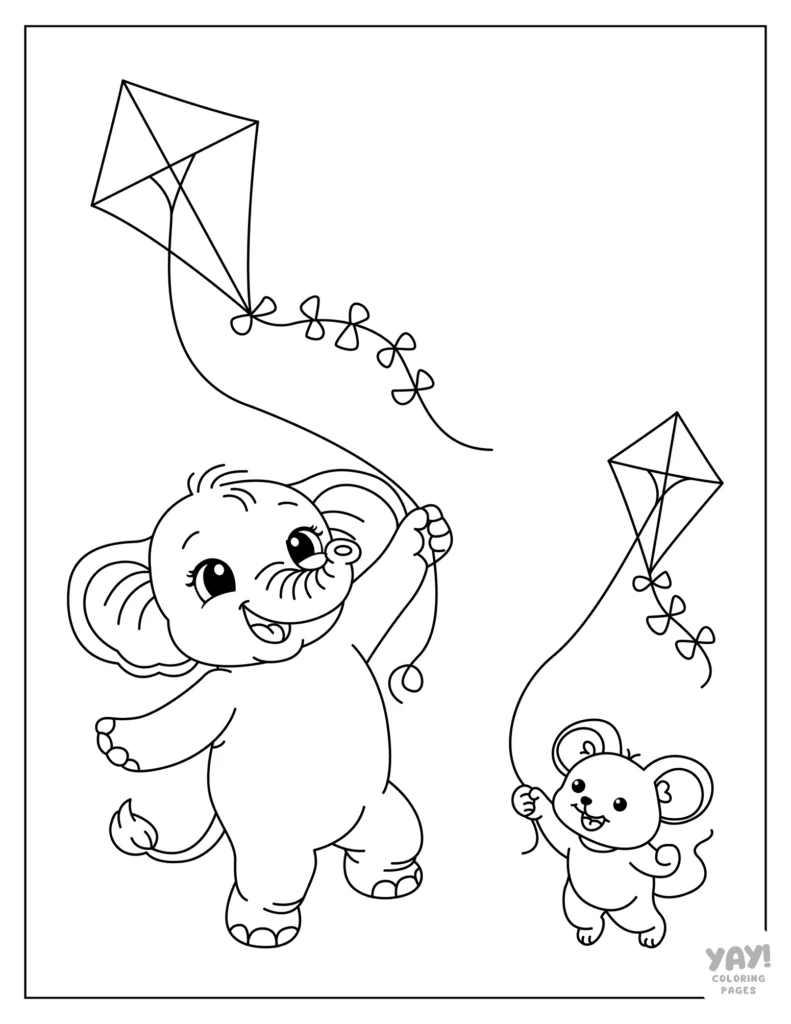 Elephant flying kite with a mouse friend coloring page