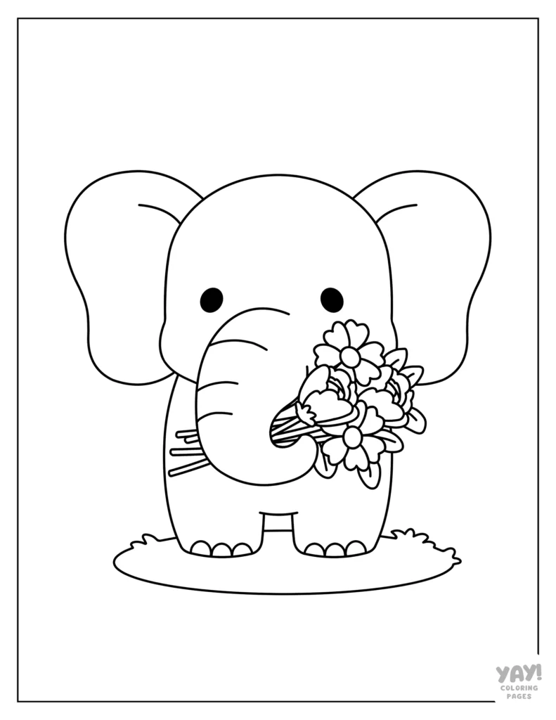 Kawaii elephant coloring page with flowers