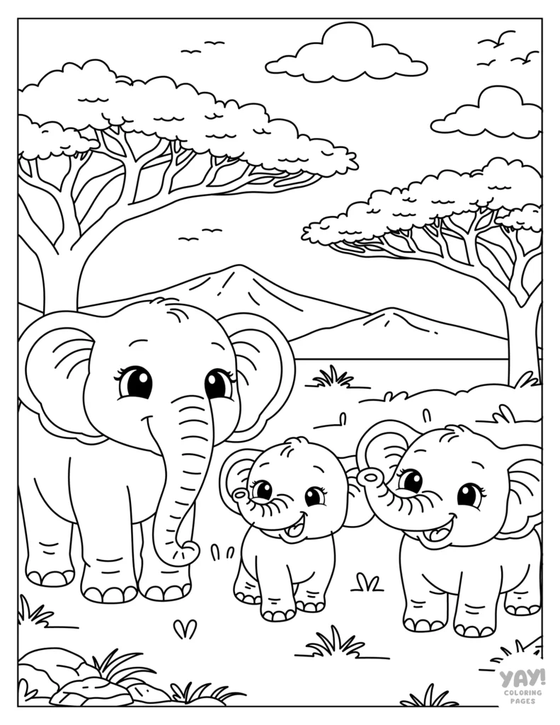 Mom elephant with two babies in nature coloring page