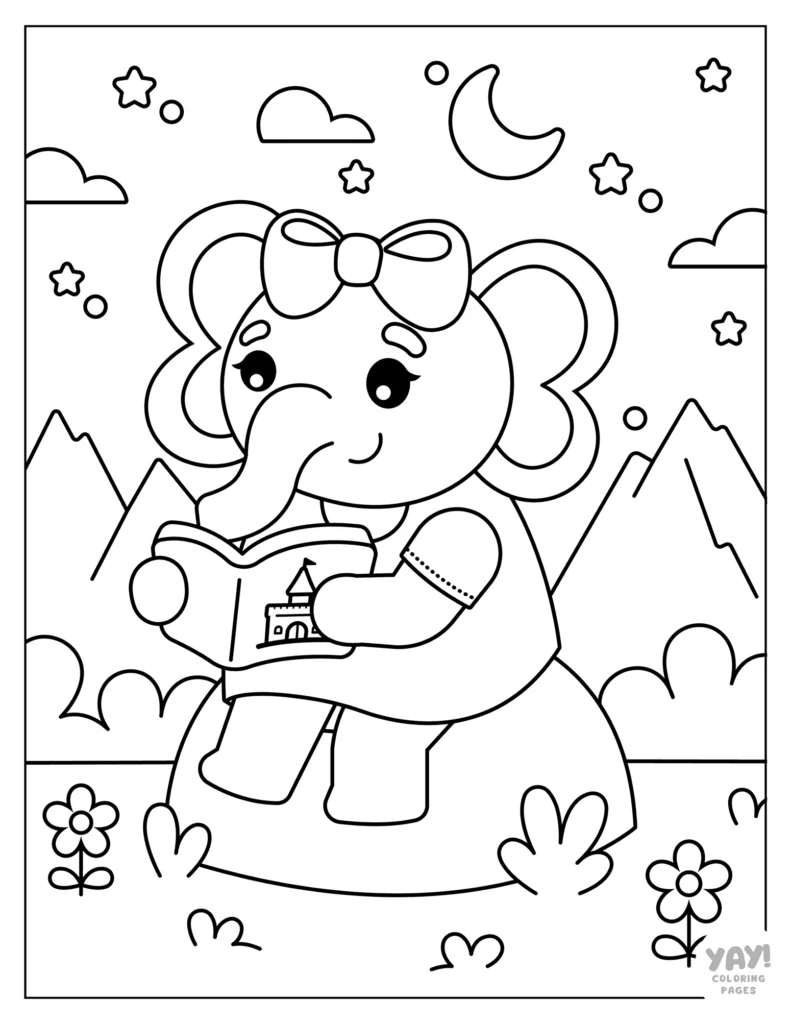 Elephant reading a book coloring page