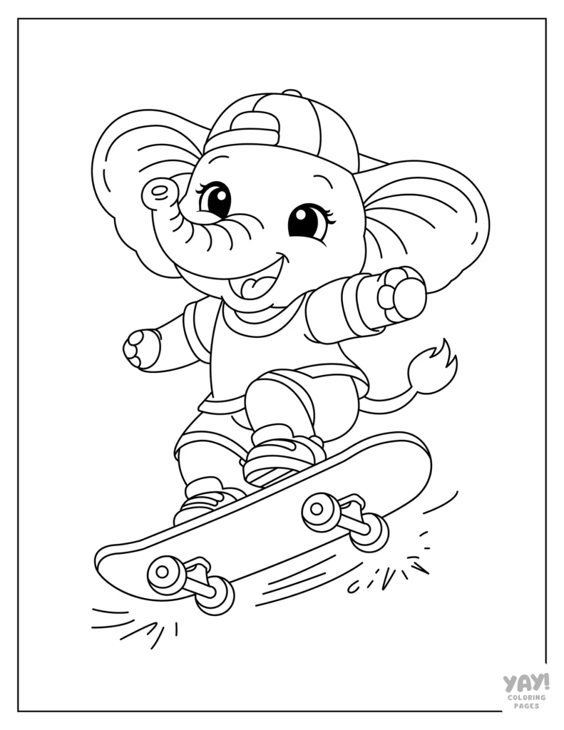 Skateboarding elephant coloring page