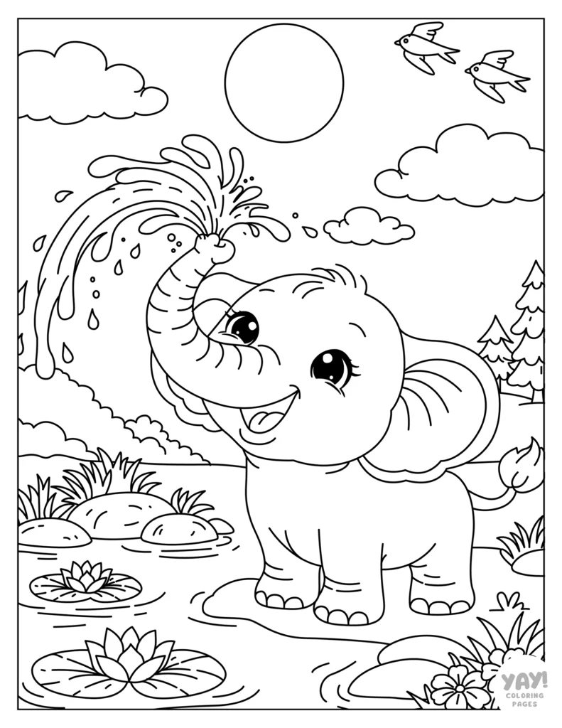 Elephant spraying water coloring page