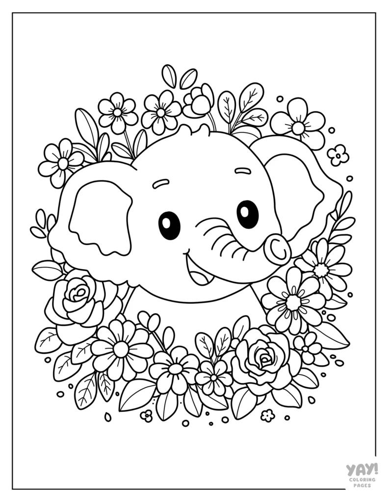 Portrait of elephant surrounding by flowers coloring page