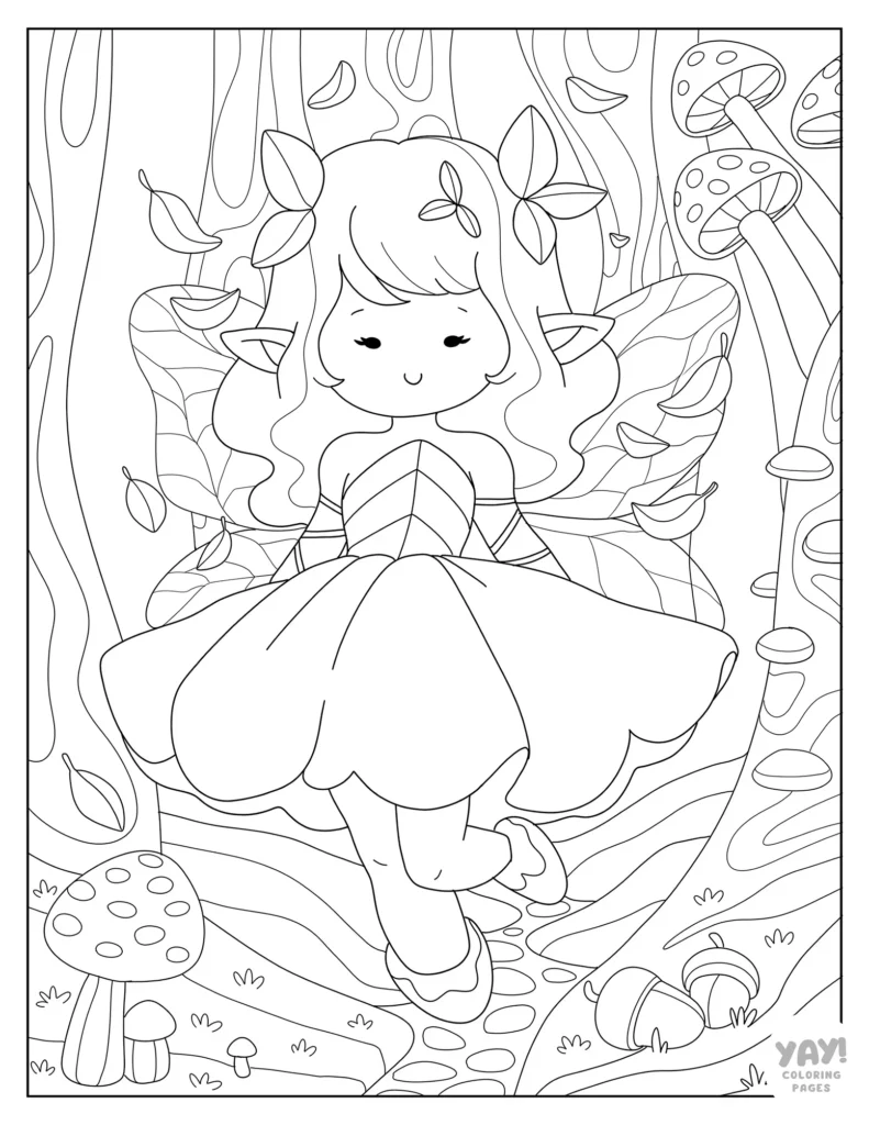 Forest fairy in mushroom woods coloring page