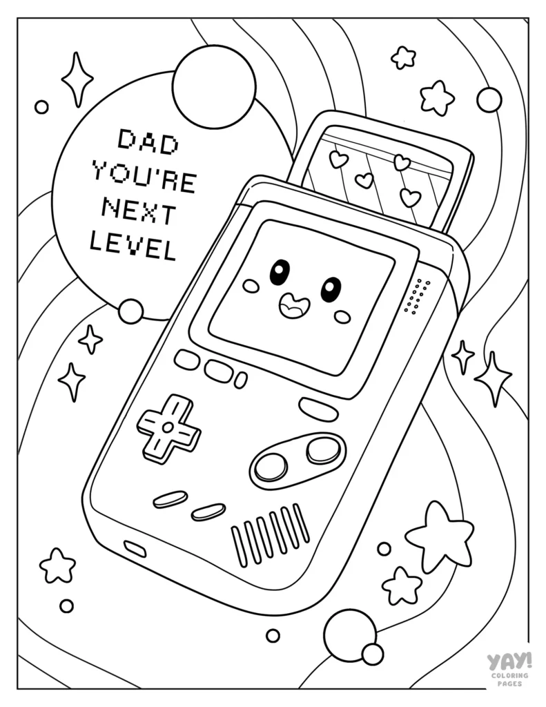 Retro video game themed Father's Day coloring page for kids
