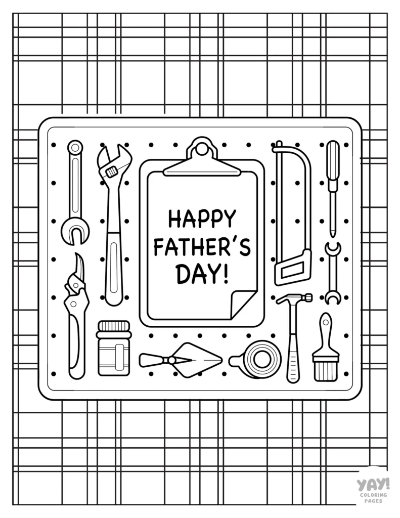 Happy Father's Day coloring sheet with tools like saw, wrench, and hammer