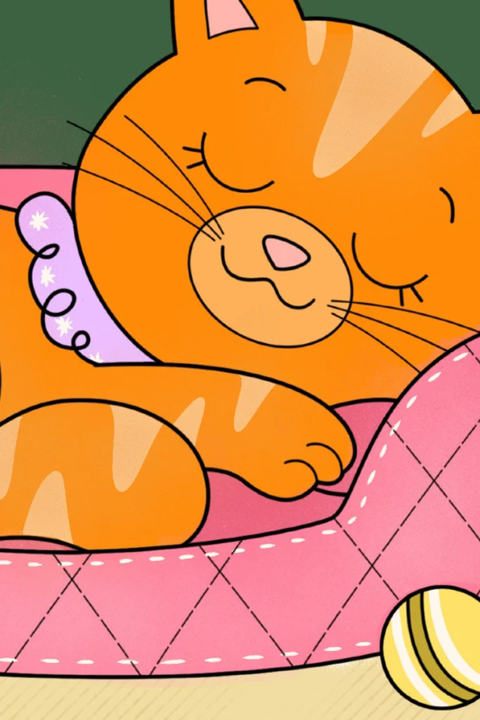 Orange cat sleeping in pink bed colored in coloring page