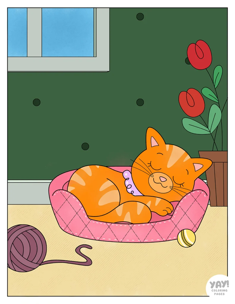 Cute orange cat in pink bed coloring sheet that's been colored in