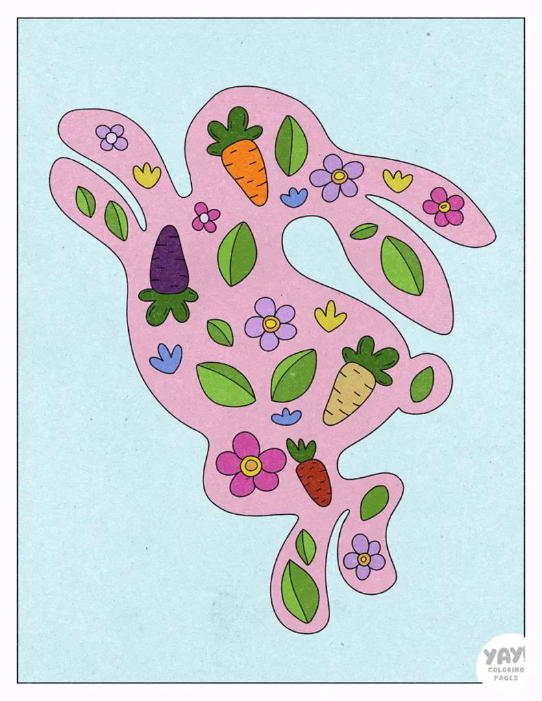 Bunny silhouette with carrots and flowers