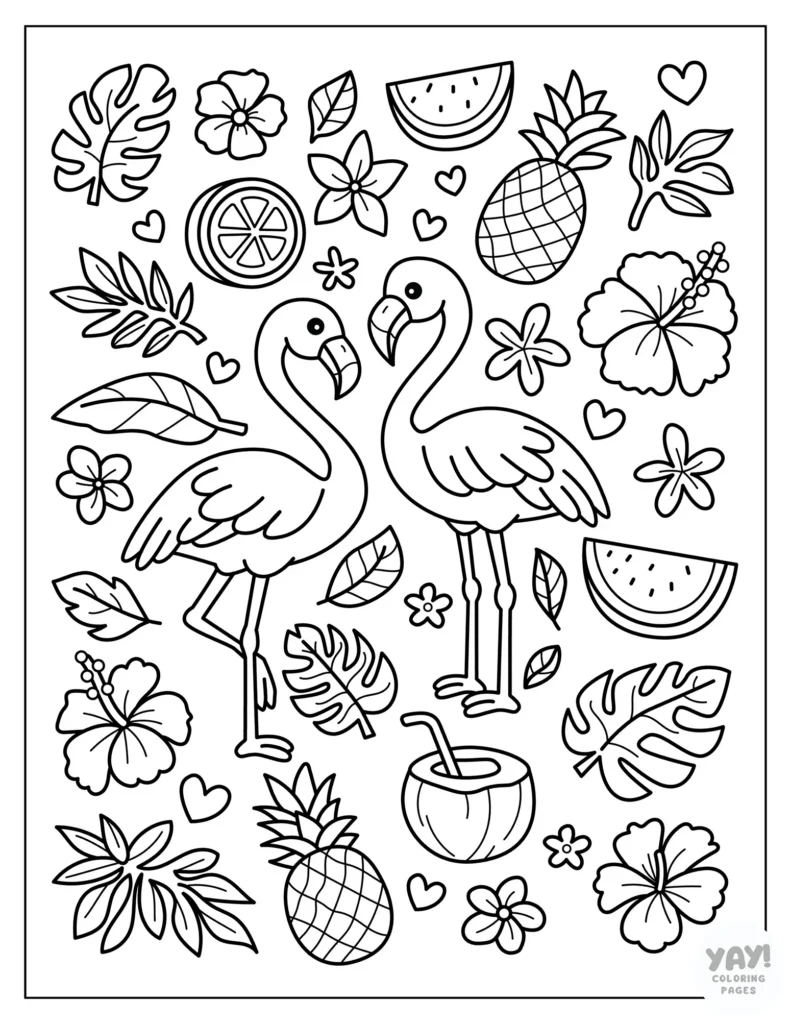 Flamingo coloring page with tropical fruit and flower doodles
