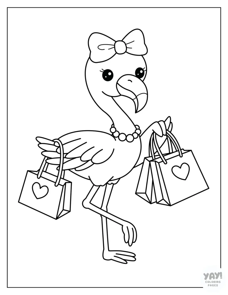 Fashionable kawaii flamingo coloring page