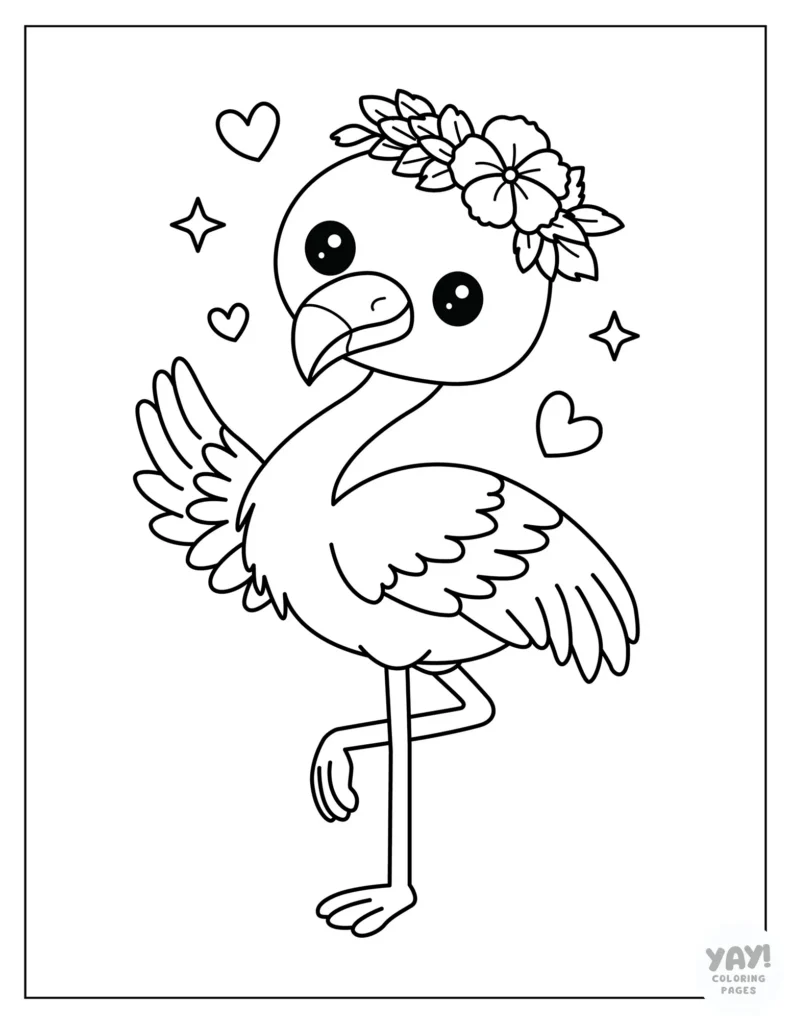 Kawaii flamingo wearing a flower crown coloring page