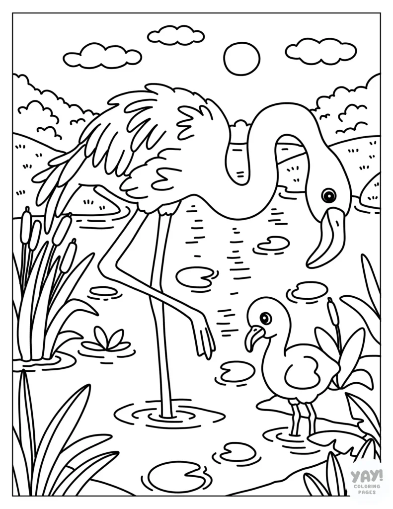 Coloring page where a mom and baby flamingo wade in the water