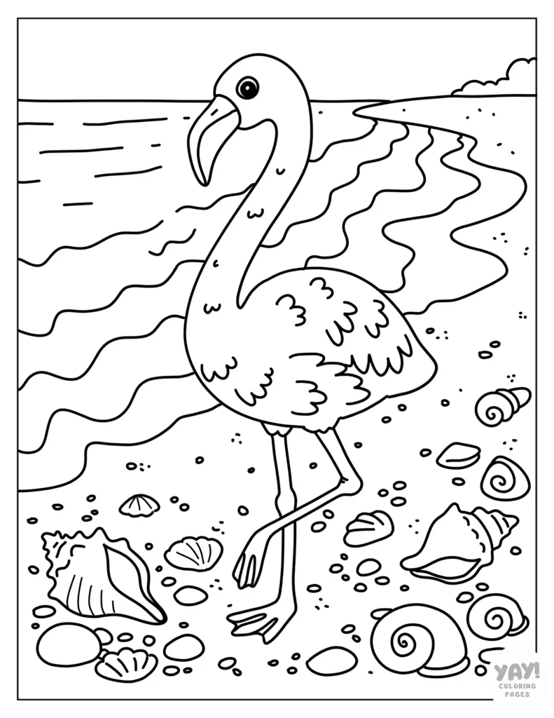 Cute flamingo on beach with shells coloring page