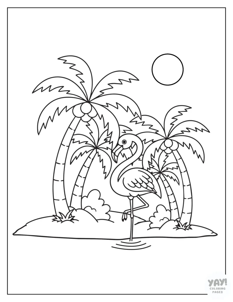 Tropical island with flamingo coloring page