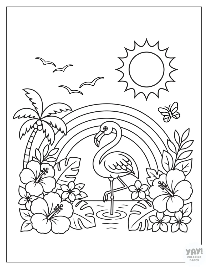 Pretty flamingo coloring page with rainbow background
