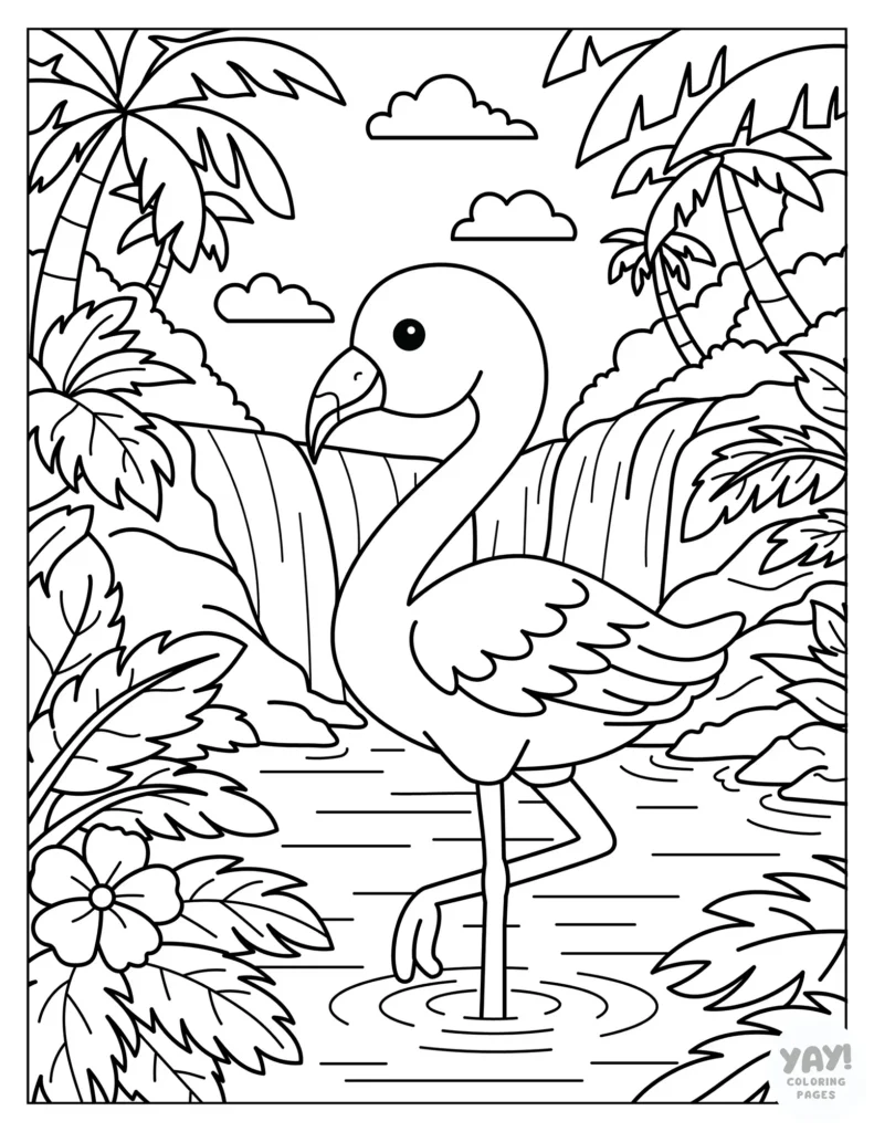 Beautiful flamingo coloring page with waterfall background