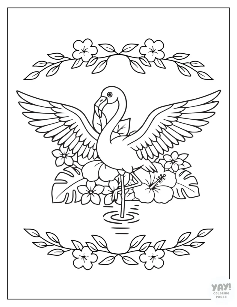 Floral themed flamingo coloring page
