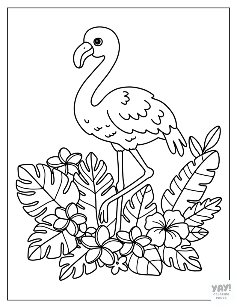 Flamingo with flowers coloring page
