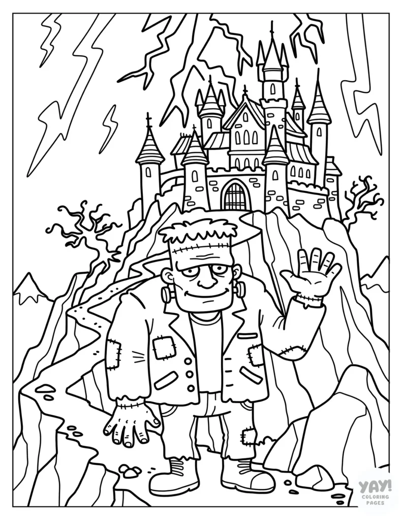 Frankenstein waves from outside giant castle coloring page