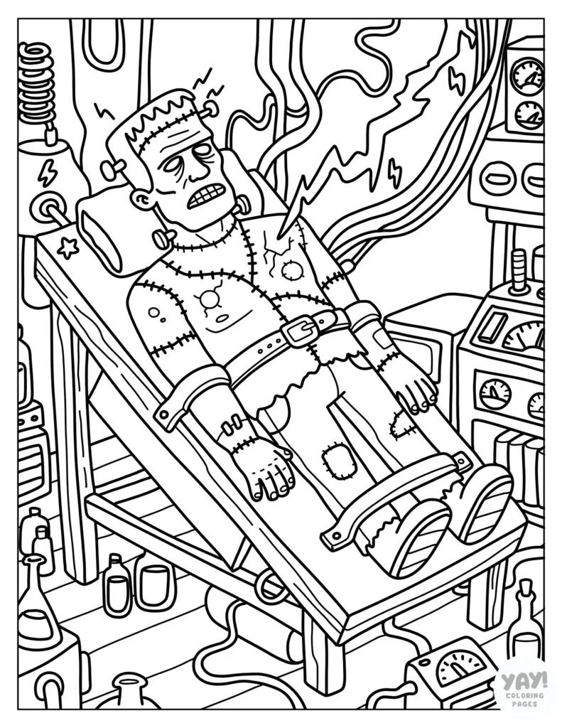 Frankenstein is coming alive in the laboratory coloring page