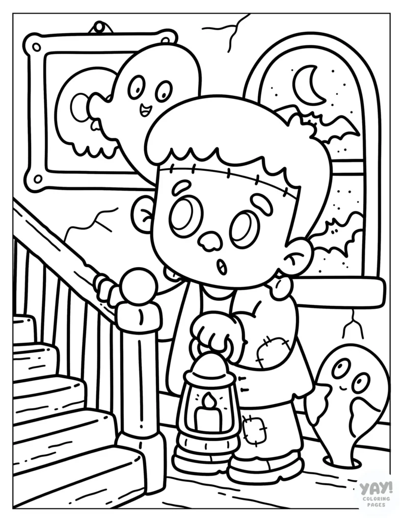 Cute Frankenstein exploring a haunted house coloring page