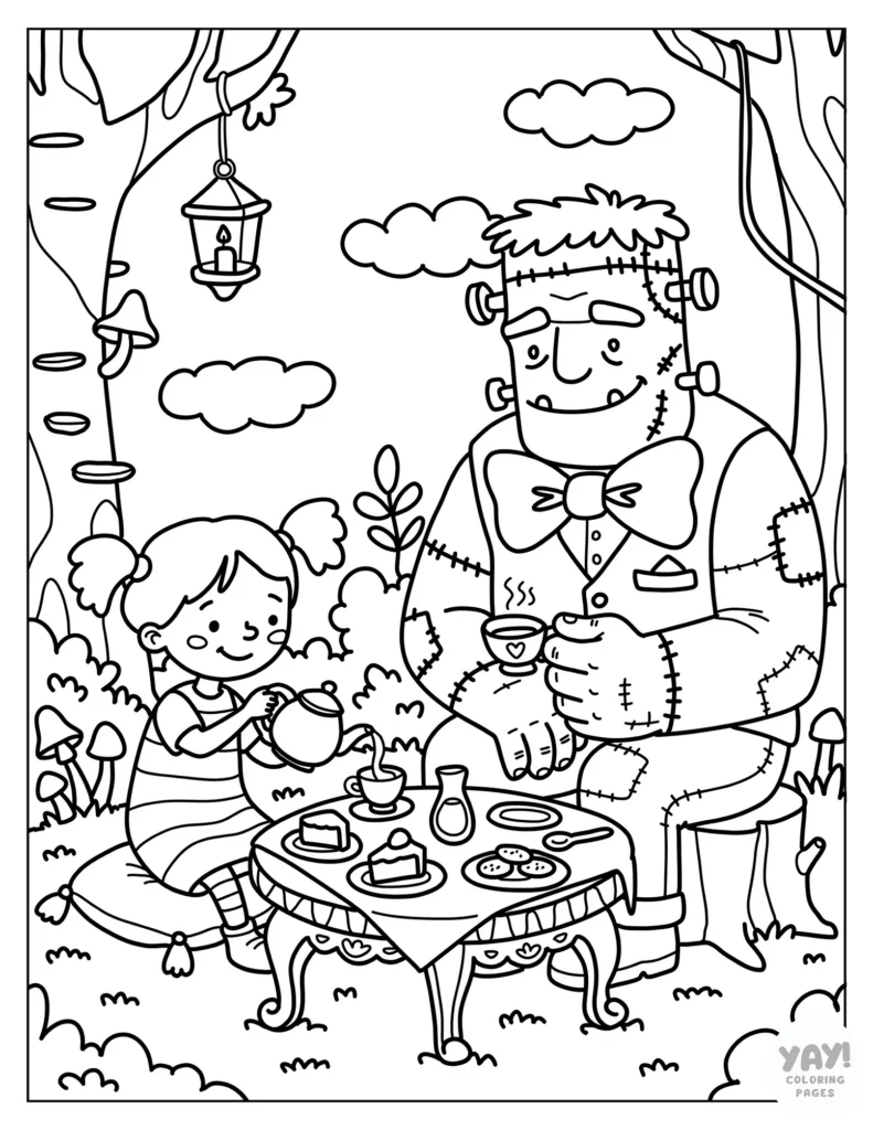 Frankenstein has a picnic with a little girl in a garden coloring page