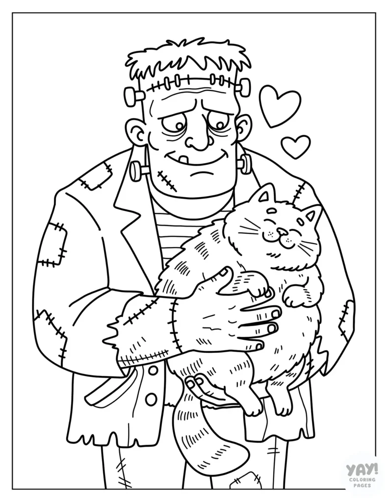 Frankenstein holding a fat cat coloring page