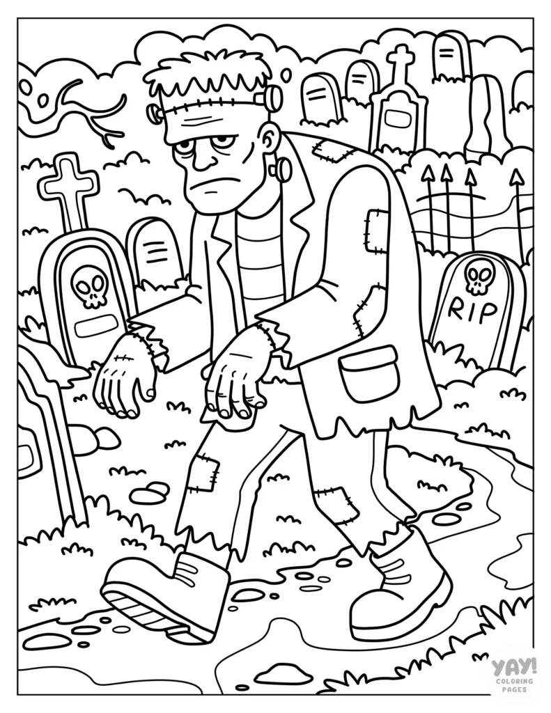 Frankenstein lurches in a cemetery coloring page