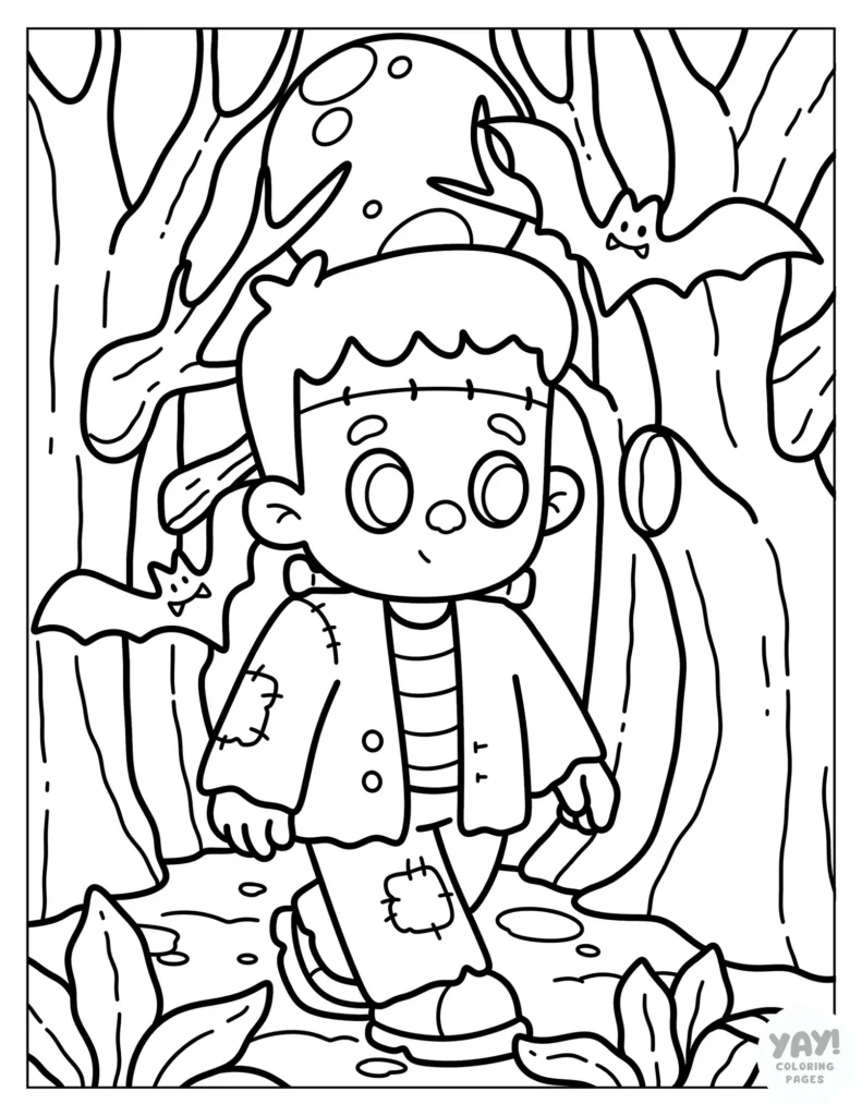 Cozy Frankenstein explored the woods with bats coloring page