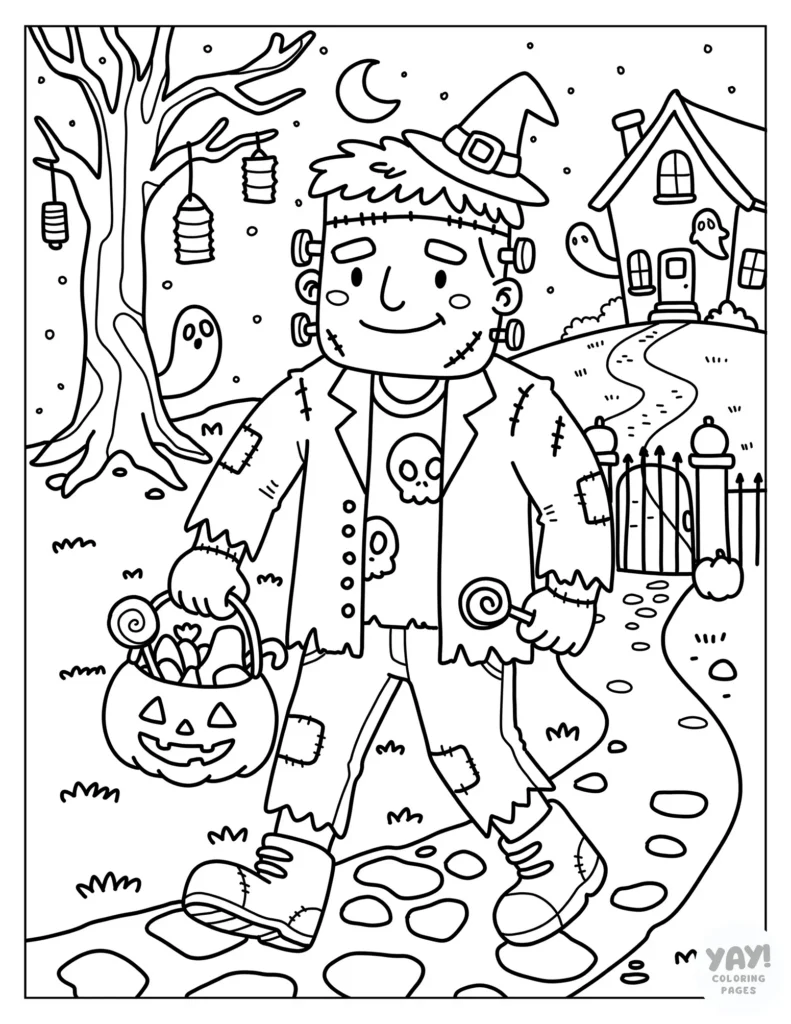 Frankenstein goes trick-or-treating coloring page