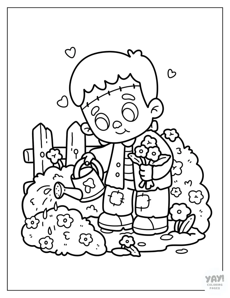 Frankenstein waters the flowers coloring page