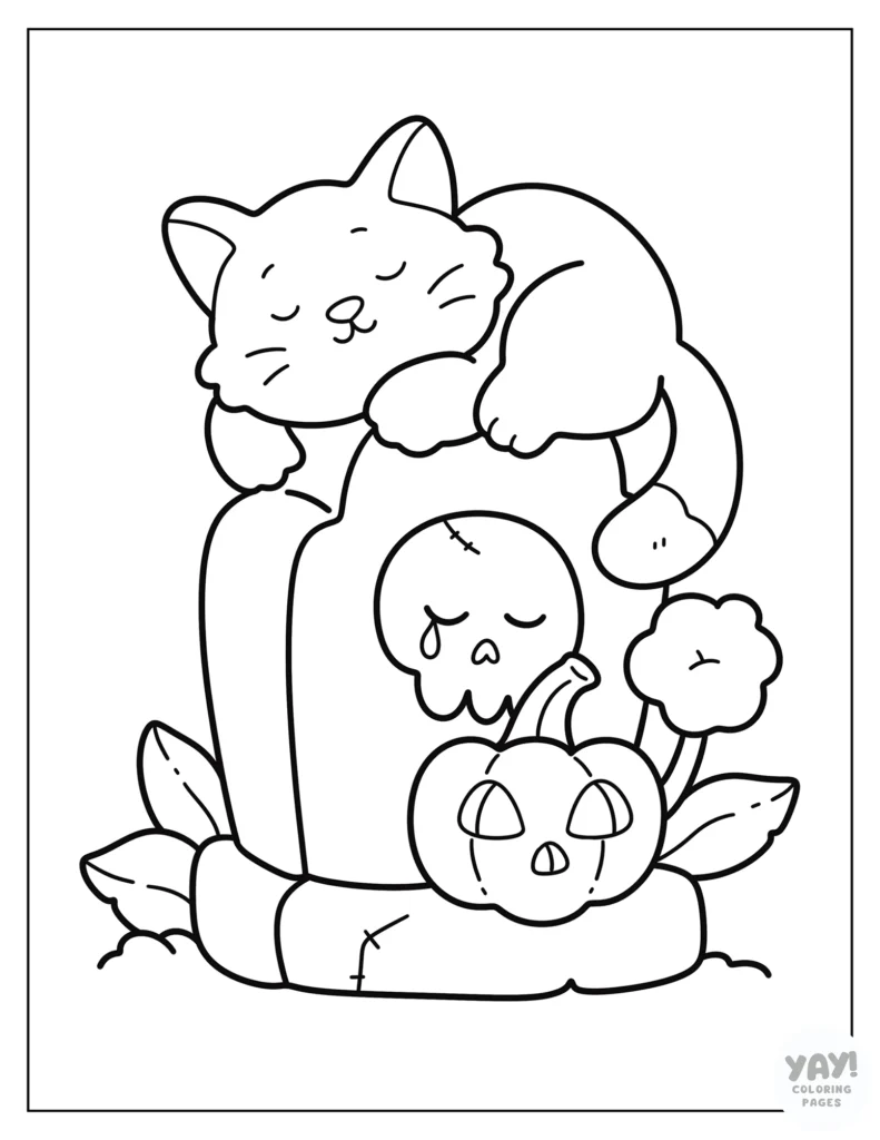 Cute cat sleeps on tombstone coloring page
