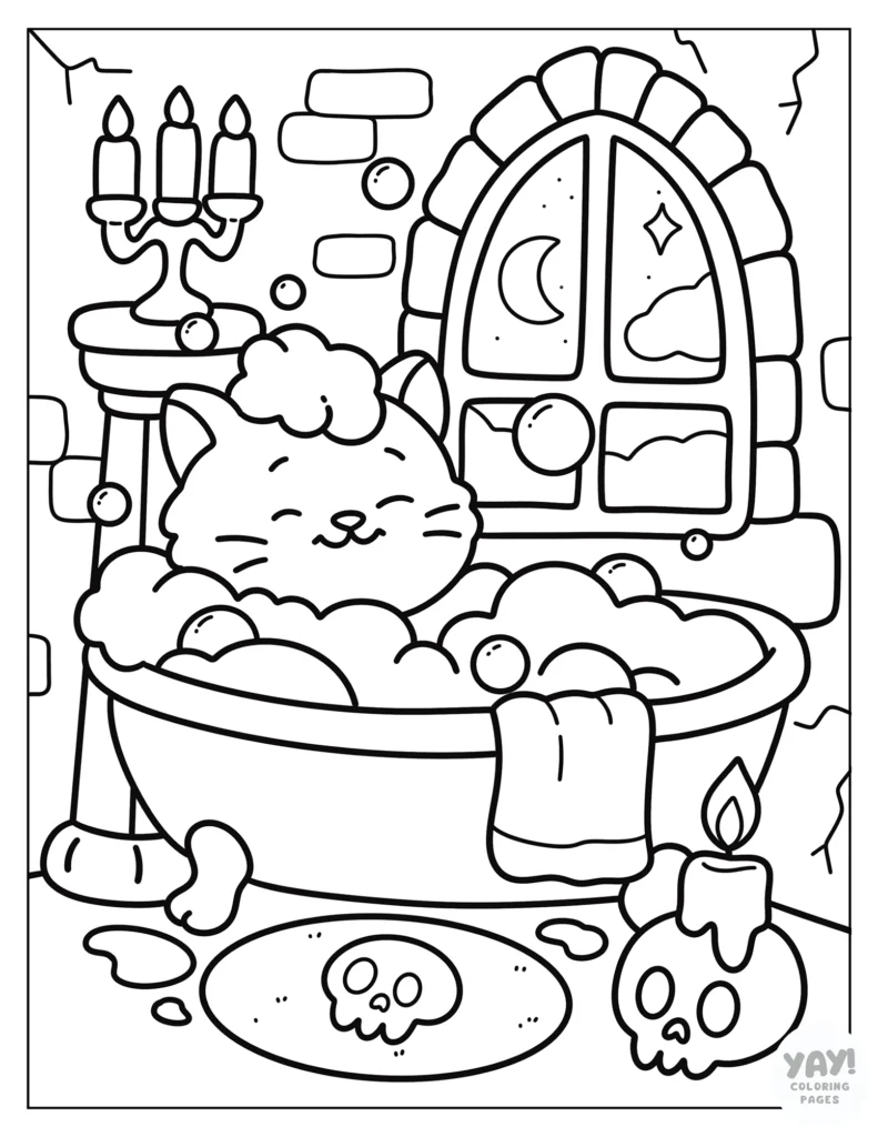 Adorable cozy cat takes bubble bath in haunted castle coloring page