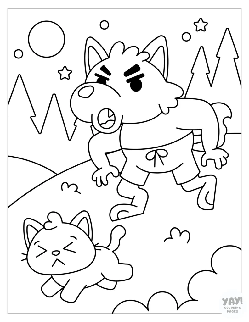 Werewolf chases cat coloring page