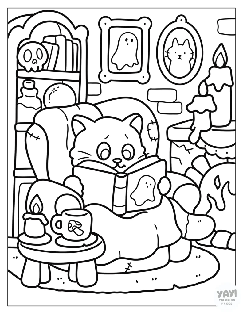 Cozy cat reads book in haunted house coloring page