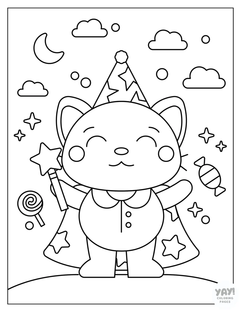 Halloween cat dressed as wizard coloring page