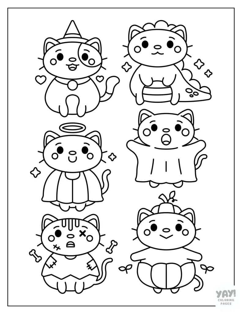Kawaii cats dressed up for Halloween coloring page