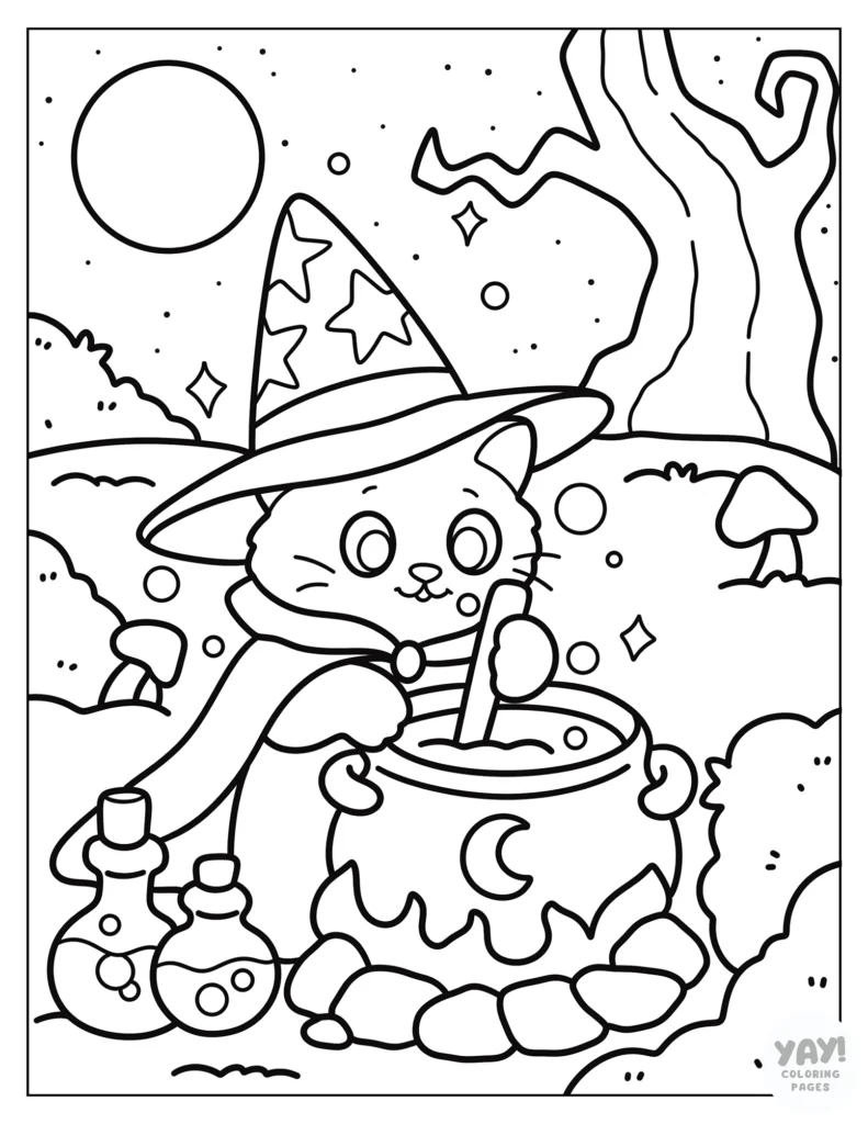 Wizard cat makes potion in the woods coloring page