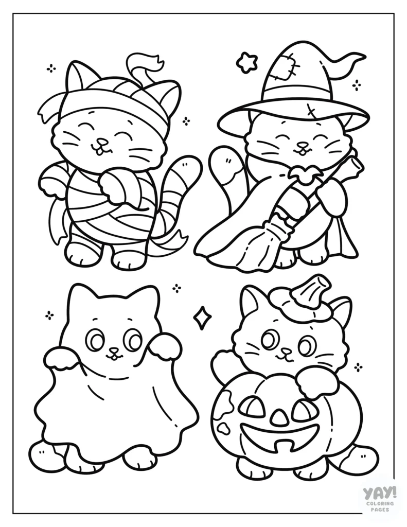 Cats dressed as mummy, witch, ghost, and pumpkin for Halloween coloring page