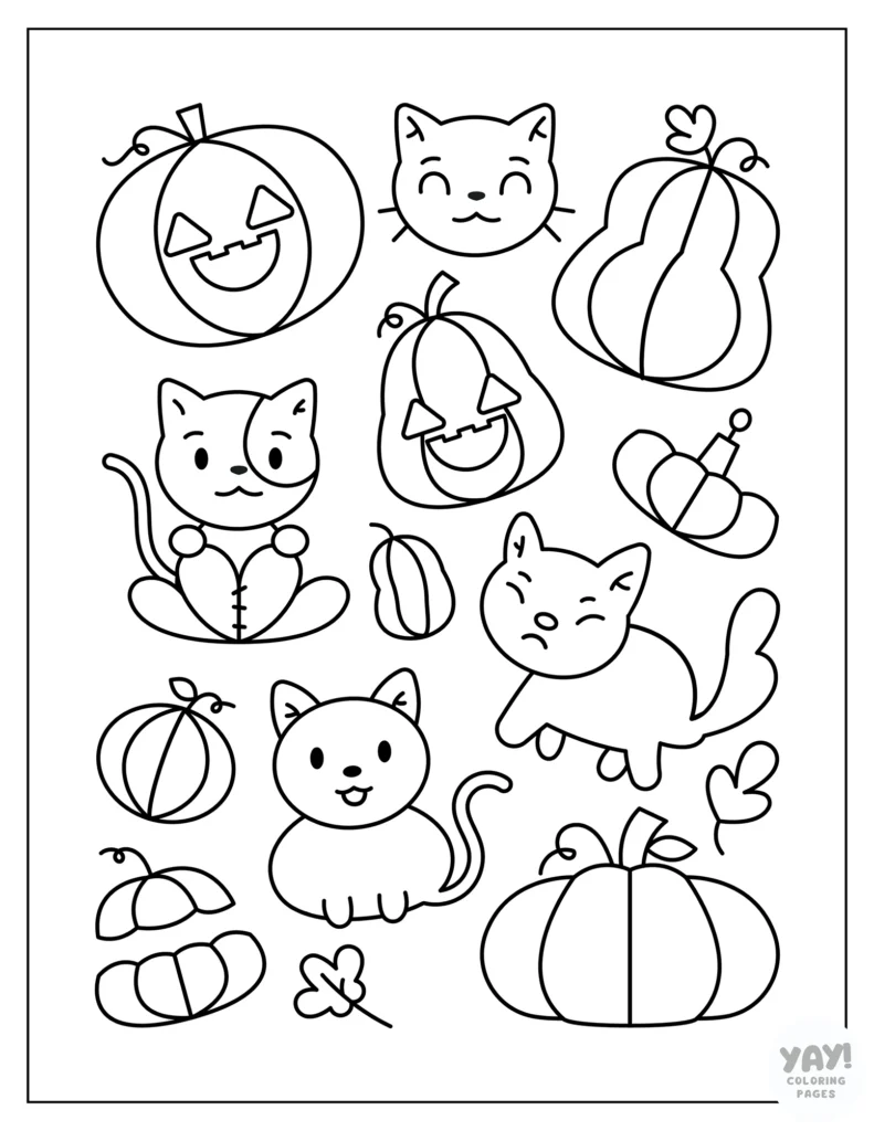 Halloween doodle page of cats and pumpkins coloring page