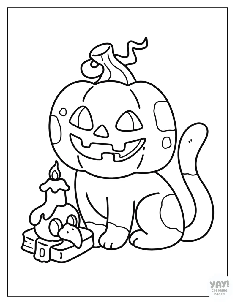 Funny cat with pumpkin on its head coloring page