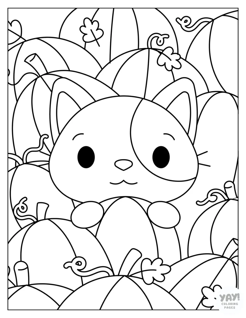 Cuddly cat in pumpkin patch coloring page