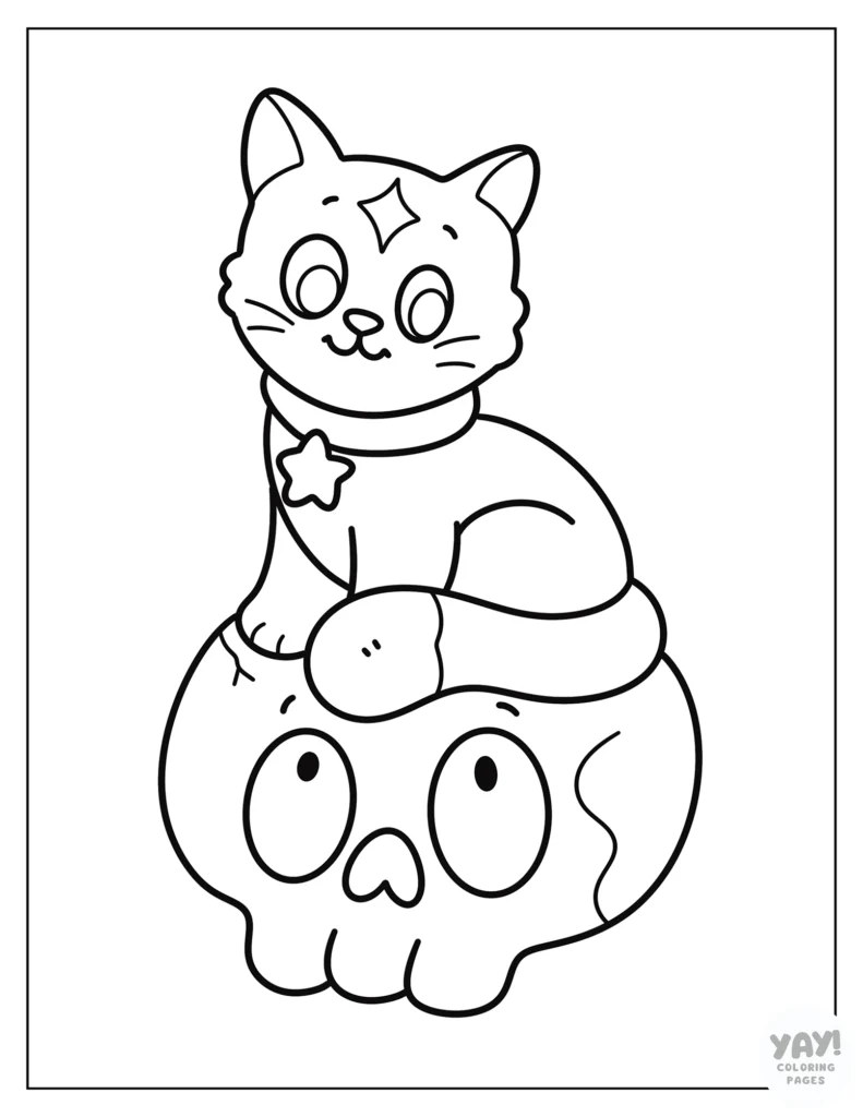 Halloween cat on skull coloring page