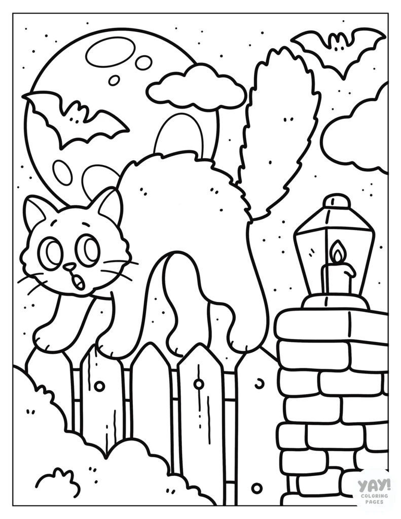 Spooked cat on fence with full moon and bats in the sky coloring page