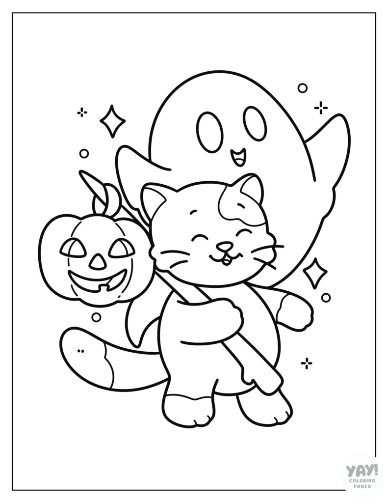 Cat going trick-or-treating with ghost coloring page