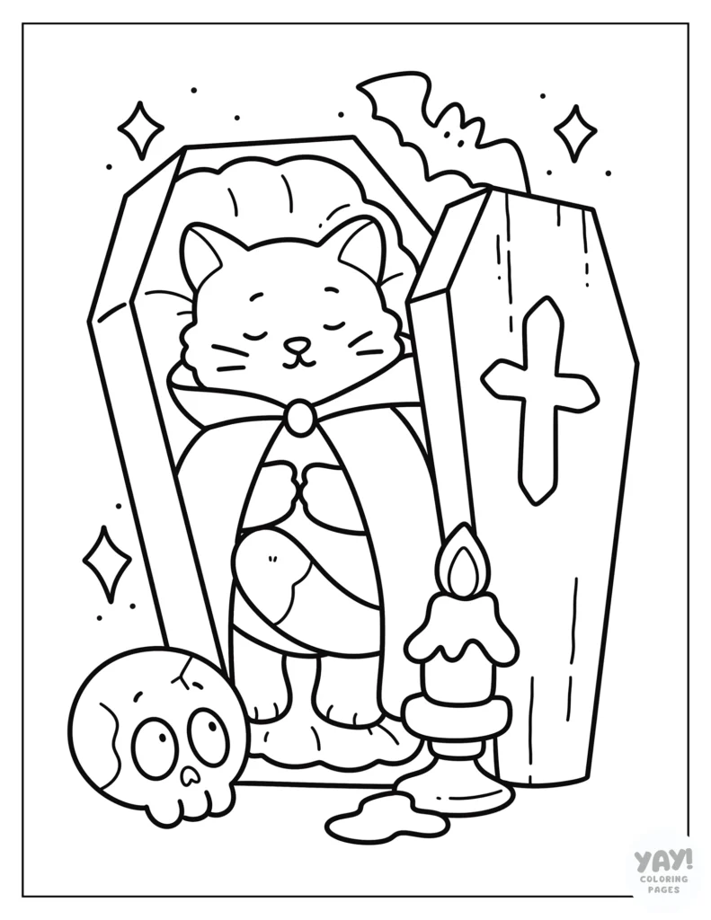 Vampire cat in coffin coloring page