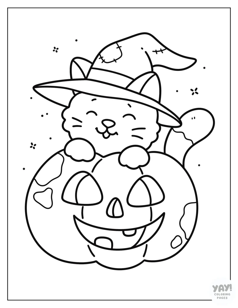 Cute cat wearing witch hat and popping out of pumpkin coloring page