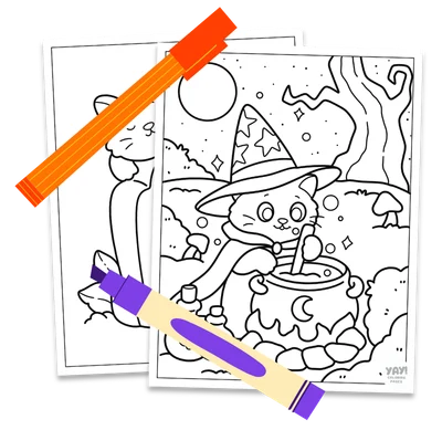 Collage of cute Halloween cat coloring pages