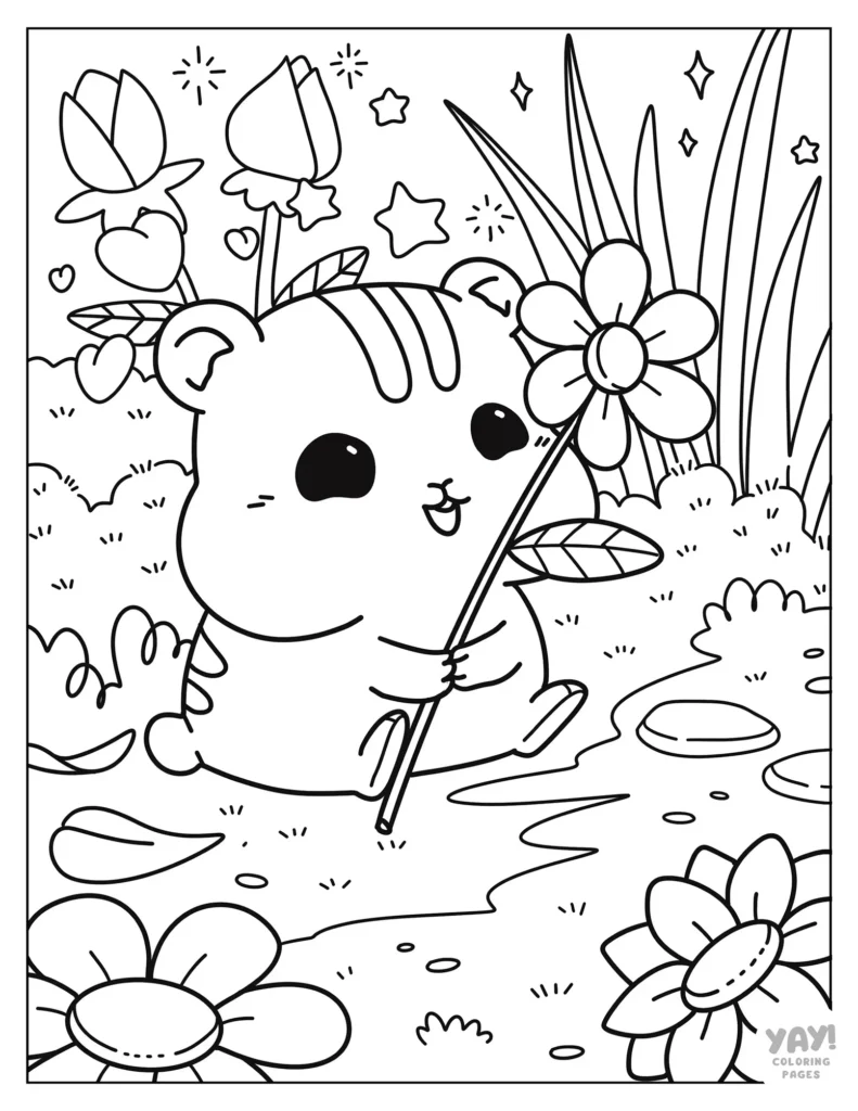 Cute hamster holds flower